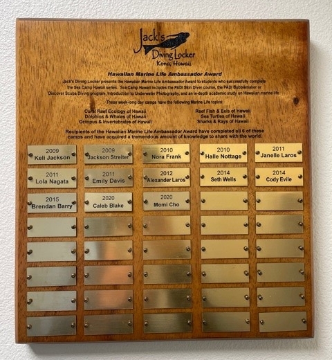 Marine Life Ambassador plaque